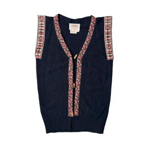 70s vintage boho sweater vest cottage core floral ribbon trim toggle buttons.